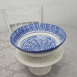 Vintage Italy Himark Spongeware Ceramic Blue White Large Pasta Serve Bowl